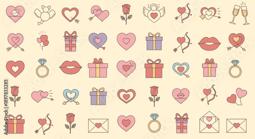 Collection of cute Valentine's Day icons and symbols.
