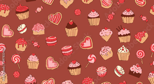 Colorful sweet treats and desserts pattern.
