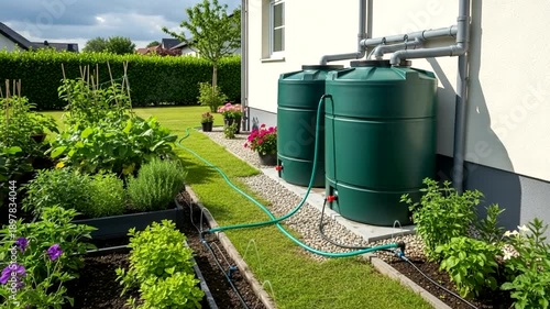 Green Rainwater Harvesting Tanks Connected to House Gutter System in Lush Garden.
