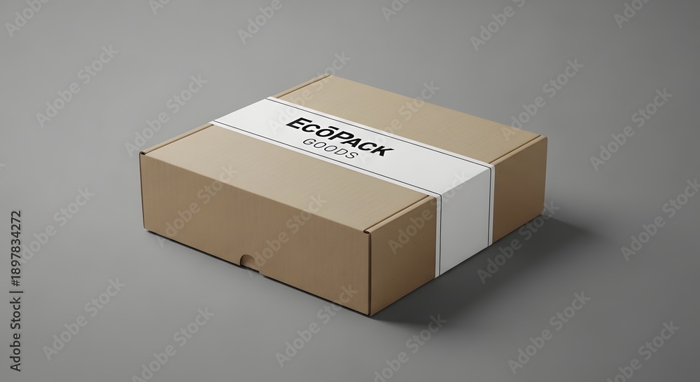 Fototapeta premium Brown cardboard box with EcoPack label on gray background