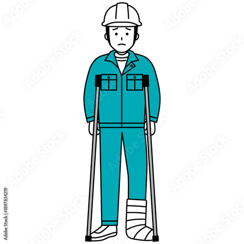 足を怪我して松葉杖をついている作業員の男性