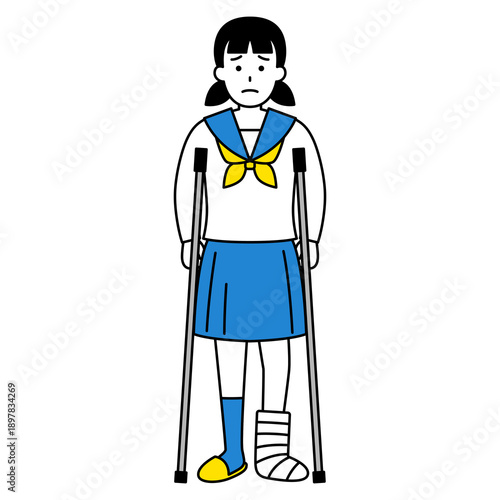 足を怪我して松葉杖をついている女子学生