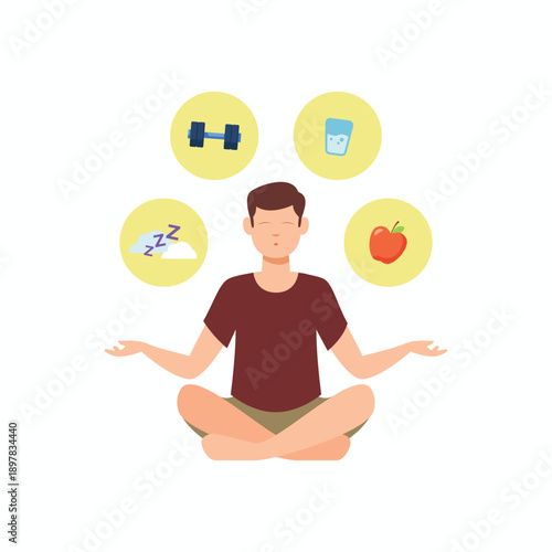 Flat vector illustration of a man meditating with wellness icons, sleep, exercise, hydration, and nutrition. Mindfulness and healthy lifestyle concept for medical and self-care designs