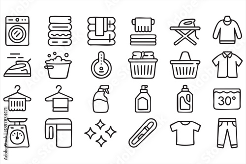Black and White Laundry and Clothes Care Vector Icon Set