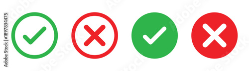 check mark icon button set. check box icon with right and wrong buttons and yes or no checkmark icons in green tick box and red cross
