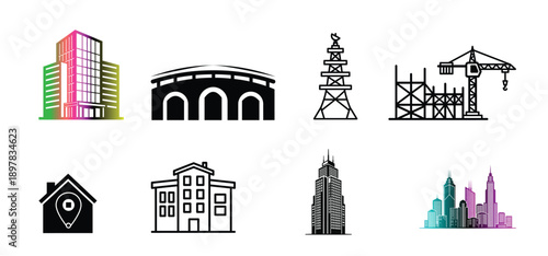 Collection of diverse building icons and city elements isolated on white background, Vector, illustration