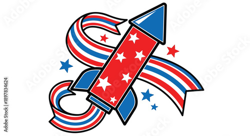 Red, white, and blue rocket icon with stars and ribbons, 4th of July or patriotic symbol, isolated on transparent background, png