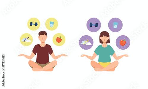 Flat vector illustration of a man and woman meditating with icons for healthy sleep, exercise, hydration, and diet