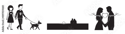 Couple walking dog and romantic silhouette with heart isolated on white background, Vector, illustration.