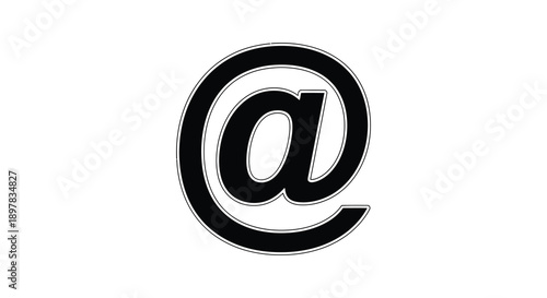 A stark black and white illustration depicts the symbol commonly used in email addresses and social media
