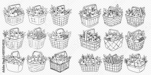 Collection of Hand-Drawn Baskets Filled with Fresh Produce and Flowers, Perfect for Harvest and Spring Themes.