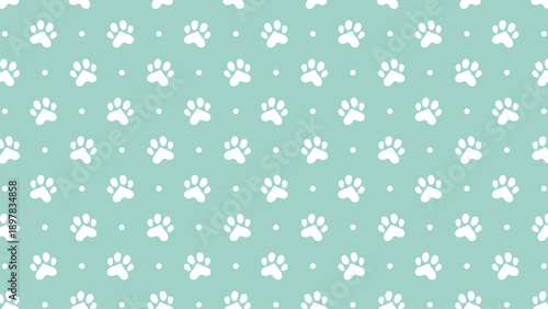 Seamless teal dog paw print pattern with white polka dots. Cute animal track background for pet branding, wallpaper, wrapping paper, and nursery textile design vector illustration