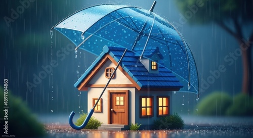 A charming blue house sheltered by a transparent umbrella during rainfall