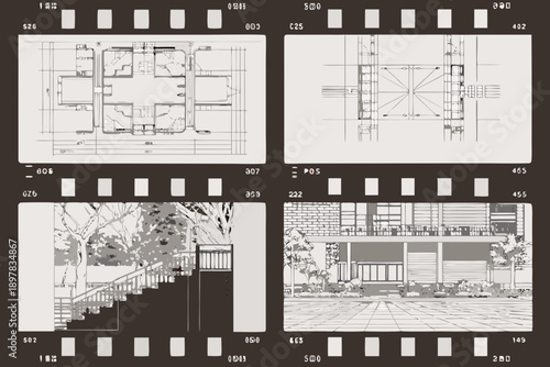 Architectural blueprints and exterior views presented as a filmstrip