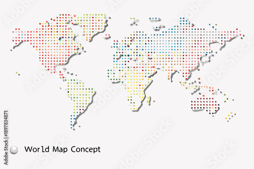 Abstract world map illustration with colorful dotted patterns and continents