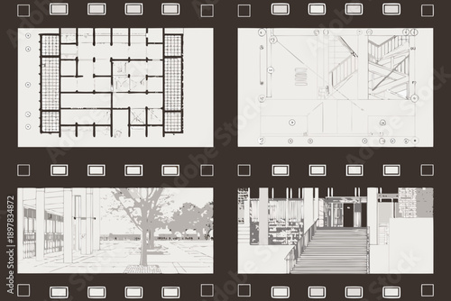 Architectural plans and sketches displayed on a film strip format