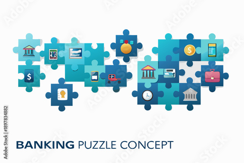 Banking and finance concept illustrated with colorful puzzle pieces
