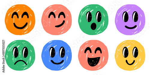 Eight colorful hand drawn emoji faces arranged in a grid on a black background