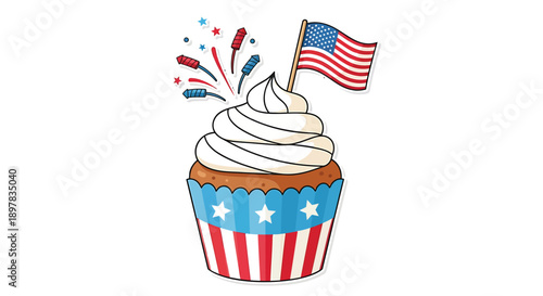 vector American cupcake with USA flag and fireworks, for 4th of July celebration or patriotic banner, Isolated on transparent background, png