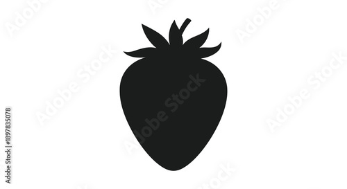 A striking black silhouette depicts a ripe strawberry with visible leaves and seeds isolated on white high quality