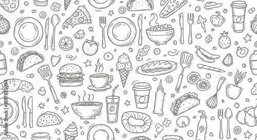 Food Illustrations Featuring Tasty Dishes and Drinks on a White Background