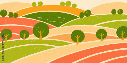Stylized illustration of rolling hills with scattered trees and vibrant colors