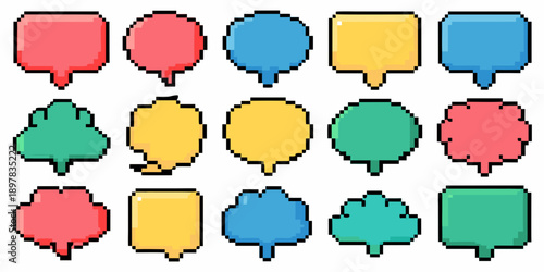 Collection of colorful pixelated speech bubbles in various shapes