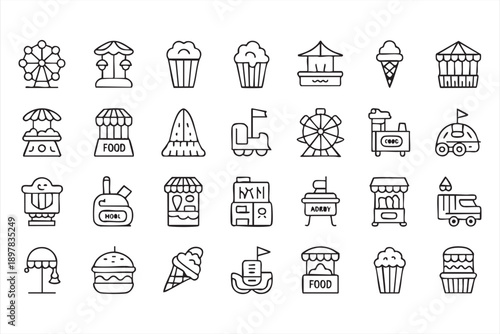 Amusement Park Food Stall and Ride Icons Black and White