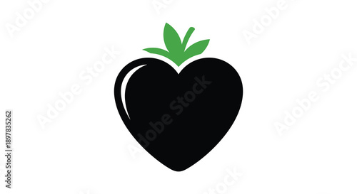 A stylized illustration depicts a dark heart shaped strawberry with green leaves at its apex high quality professional detailed