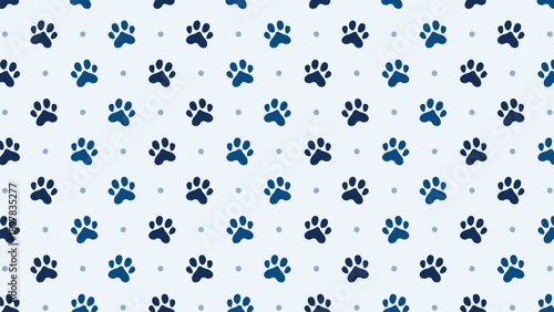 Seamless pattern with navy blue paw prints and dots on a light blue background. Cute animal footprint vector illustration for pet shop branding, wallpaper, fabric textile, and baby boy nursery decor
