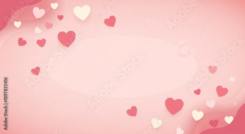 Pink background with scattered red and white hearts for valentine's day or love themed designs and greeting cards