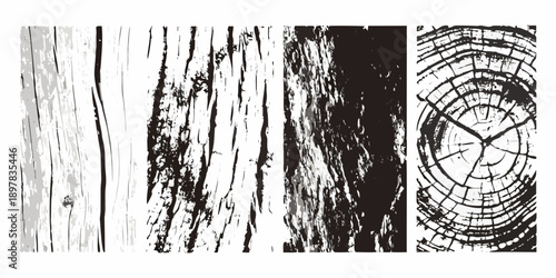 Four vertical panels displaying different wood textures and a tree slice