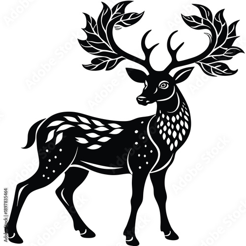 Black silhouette of a deer with large antlers standing still