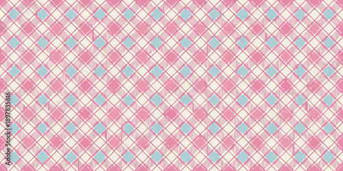 A pastel pink and blue gingham checkered pattern fills the entire frame