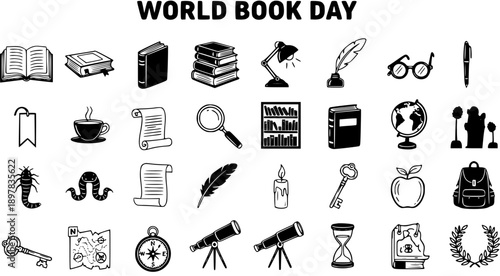 World Book Day Icons: Education, Learning, Reading, Literature, Knowledge - Black  White Line Art