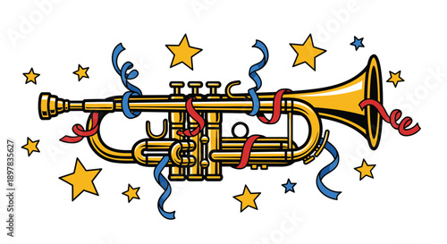 Vector illustration of a gold trumpet with colorful party streamers and stars, for celebration or music event, Isolated on transparent background, png