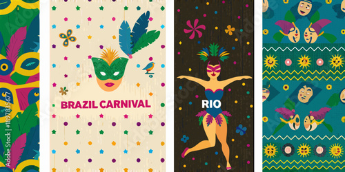 Colorful carnival themed patterns and illustrations featuring masks and dancers