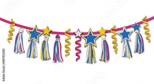 Colorful star and tassel garland, party decoration, vector illustration for banner or celebration background, Isolated on transparent background, png