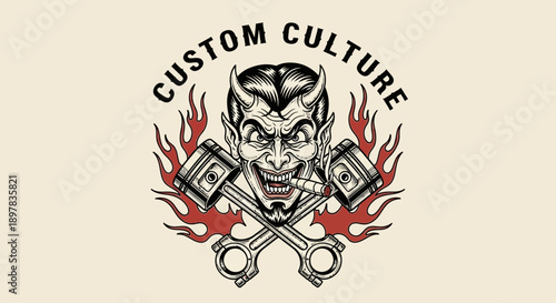 Kustom Kulture Devil Mascot Design: Vintage Engraving of Biker Demon Smoking a Cigar, Crossed Pistons, and Hot Rod Flames.