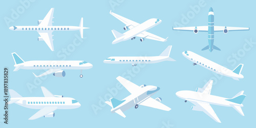 A collection of stylized airplanes in various orientations and views