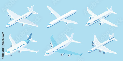 Isometric illustration depicting multiple airplanes in various flight positions