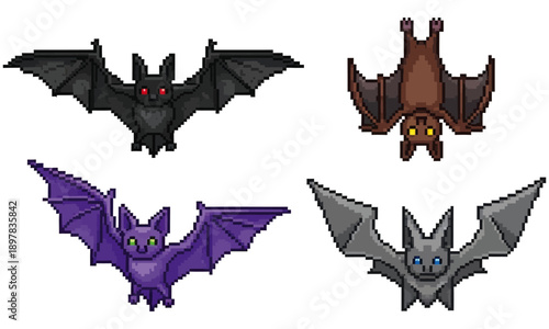 Set of Dark Flying Bat Vector Illustrations with Various Wing Spans for Halloween Decoration Spooky Night Theme Vampire Elements and Wildlife Silhouette Icons