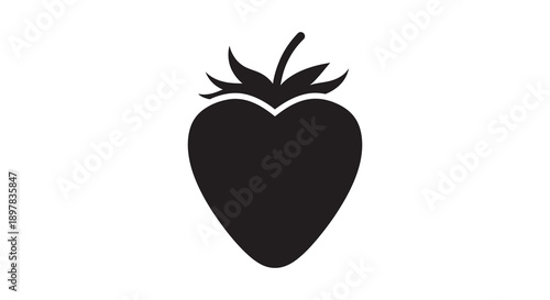 A minimalist black silhouette depicts a single strawberry with visible leaves and a heart like shape high quality professional