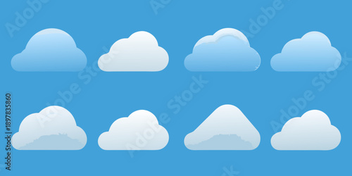 A collection of white cartoon clouds against a bright blue sky