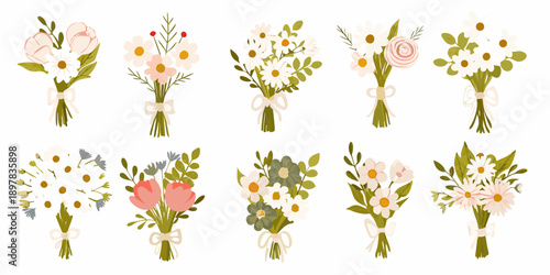 Collection of delicate hand drawn floral bouquets in pastel shades