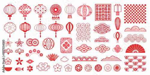 Collection of decorative red paper cut designs and traditional chinese lanterns