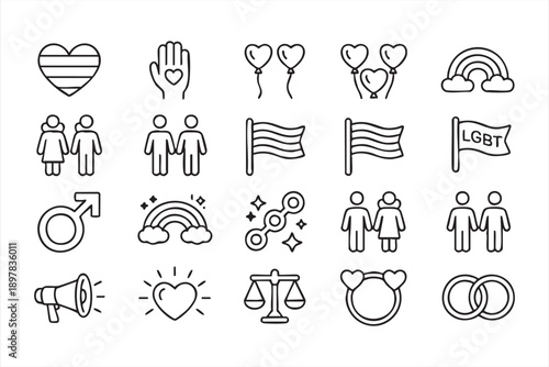 Diversity and Equality Line Icons with Rainbow and Love Symbols