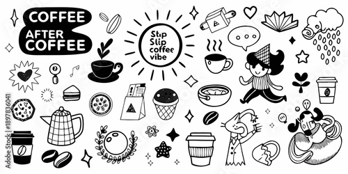 A playful doodle illustration featuring coffee cups beans and related elements