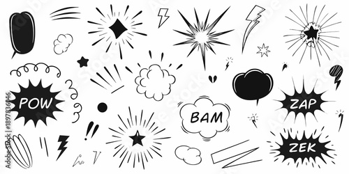Collection of black and white comic book explosion and sound effect elements