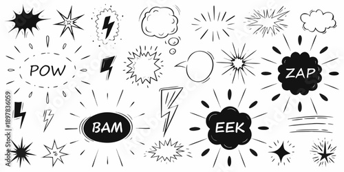 Hand drawn comic book elements and speech bubbles in black and white